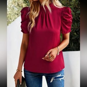 Luxe burgundy puff sleeve tie back blouse